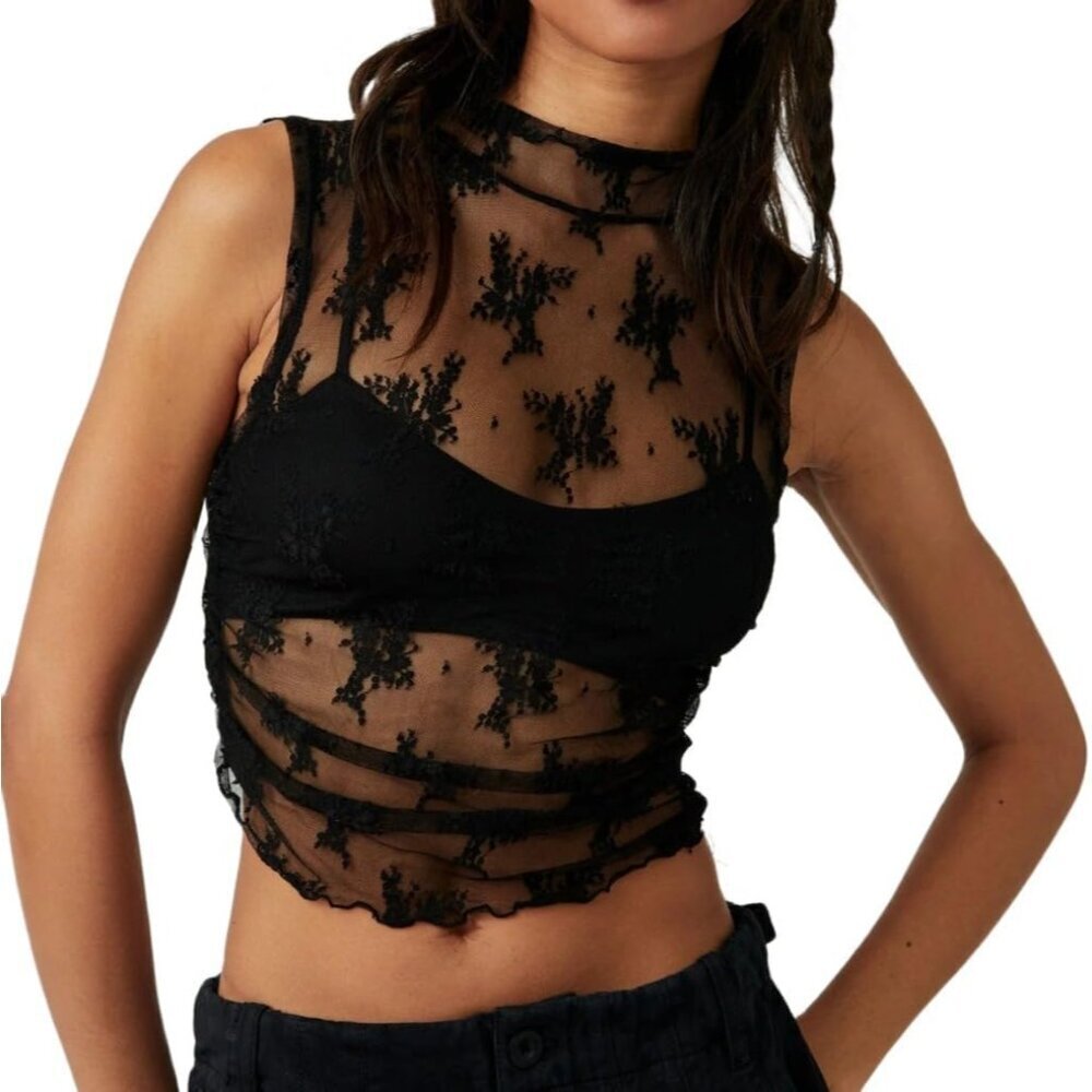 Women Floral Lace Mesh Crop Top Mock Neck Sleeveless Sheer Party Summer - Picture 1 of 6